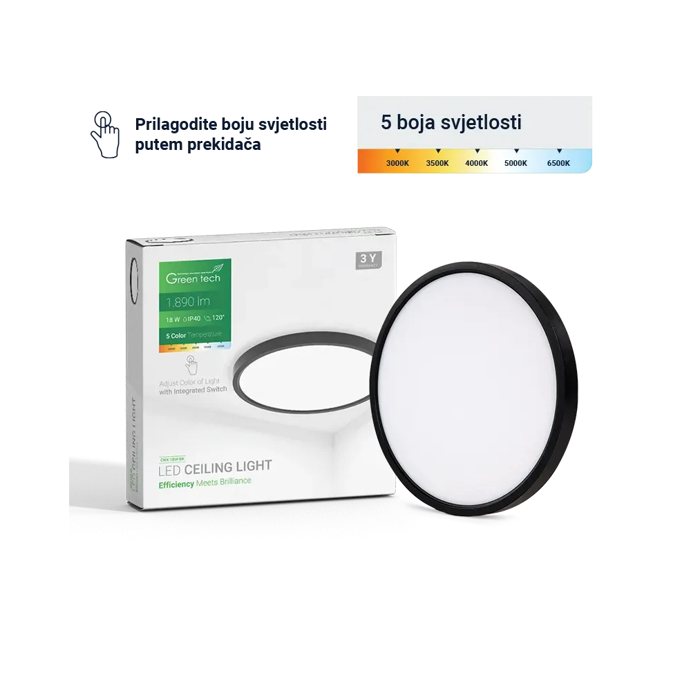 LED Ceiling Light Green Tech 18W, 5 CCT 3000K-3500K-4000K-5000K-6500K, Ø22 cm